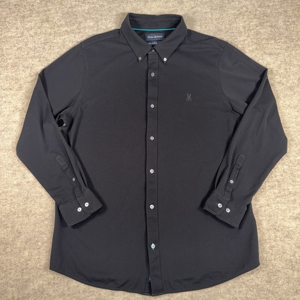 Psycho Bunny Astro Knit Polo Oxford Shirt Mens 2XL Black Pima Cotton Long Sleeve